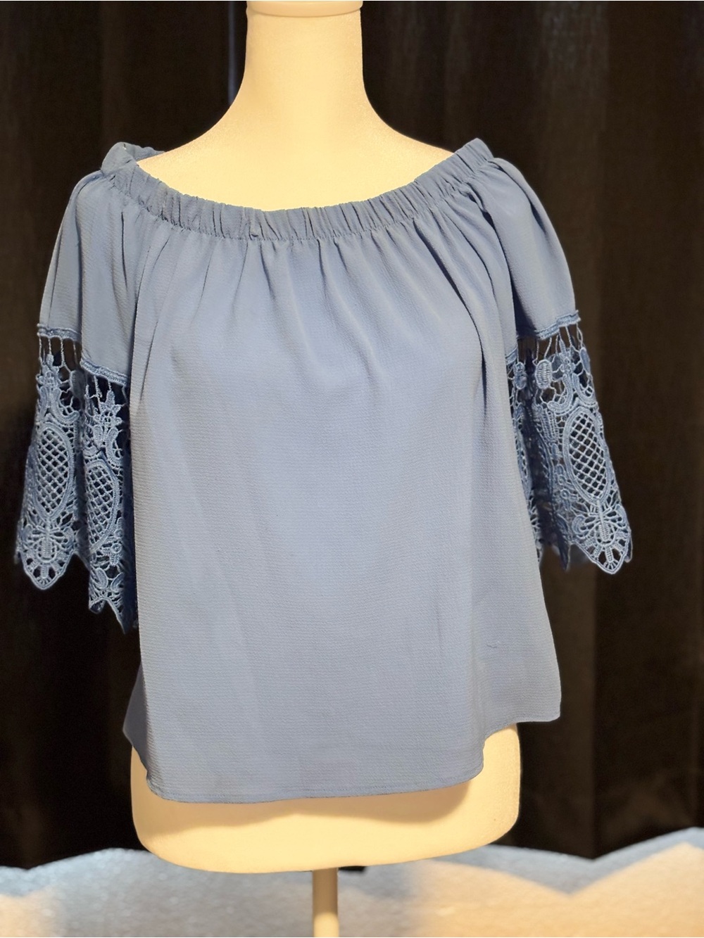 a'gaci Dusty Blue Off-the-Shoulder Lace Sleeve Top